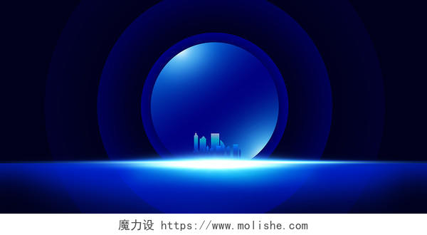 蓝色科技地球城市建筑光效渐变圆圈黑色背景